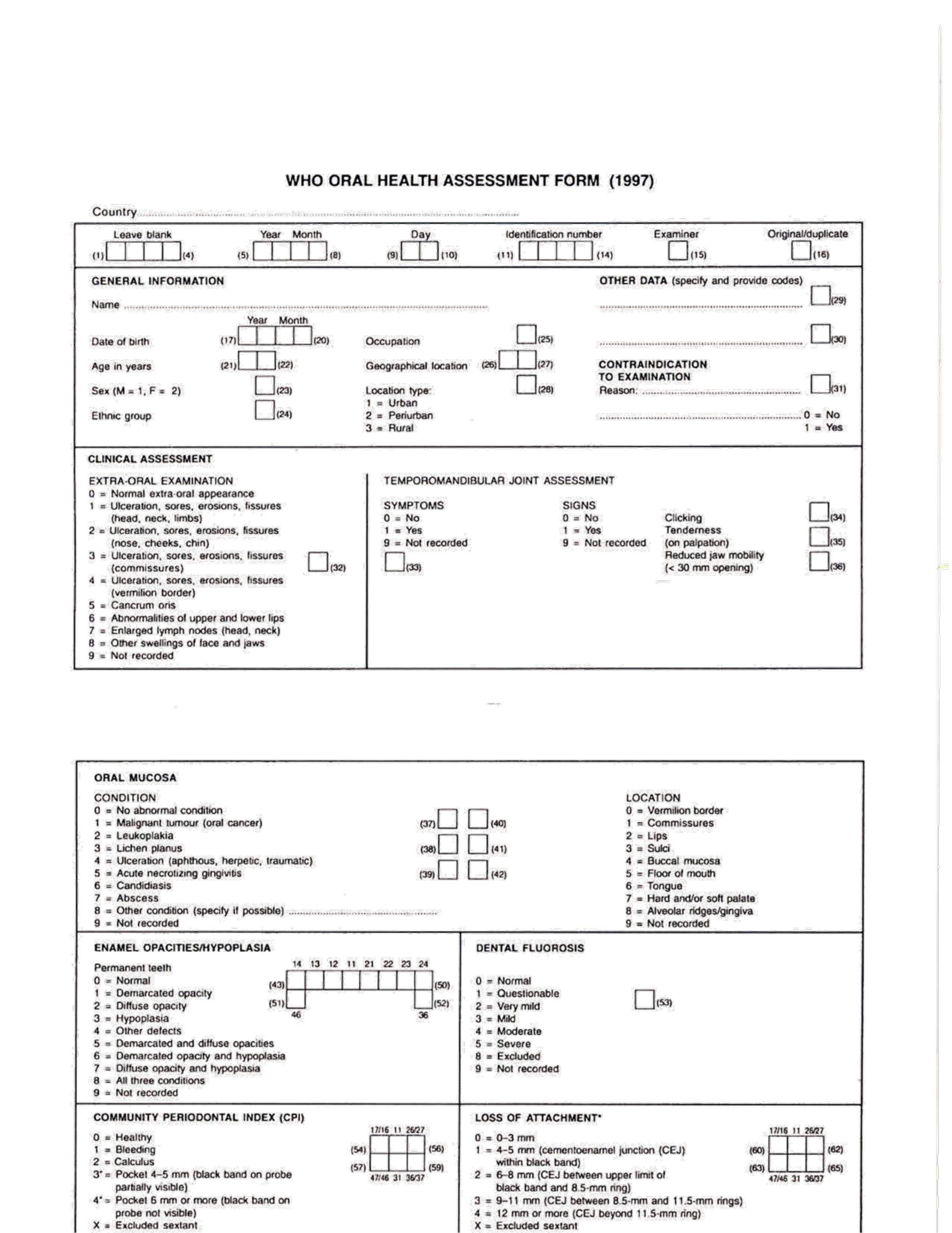 WHO ORAL HEALTH ASSESSMENT FORM 1997