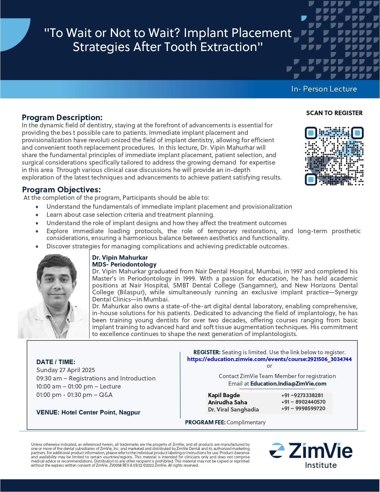 🦷 One-Day Dental Course By Dr. Vipin Mahurkar With ZimVie Institute